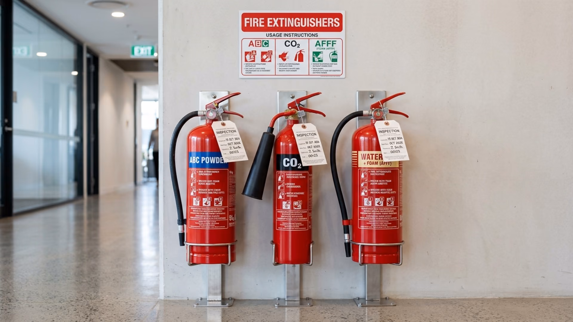 Gamme d'extincteurs certifiés poudre ABC, CO2 et eau avec étiquettes de contrôle officielles
