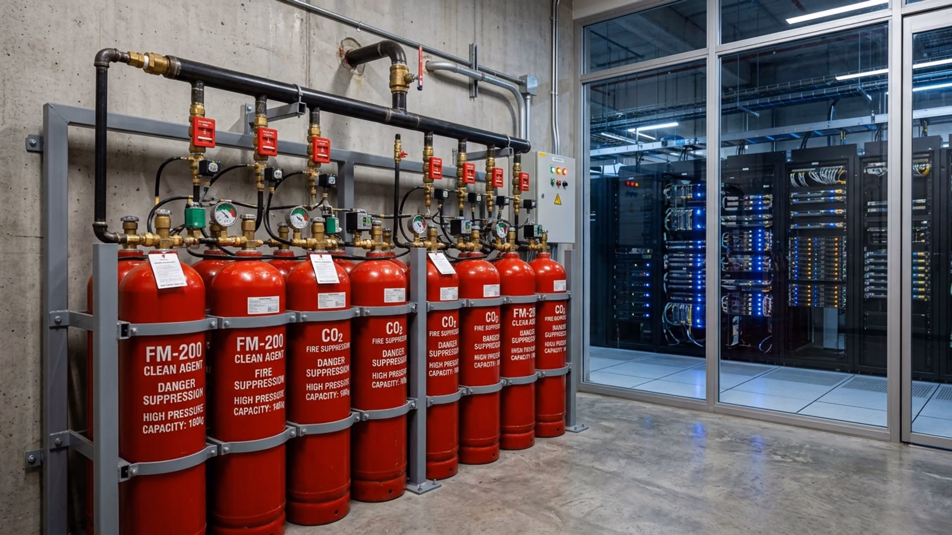 Système d'extinction automatique par gaz FM-200 et CO2 protégeant une salle serveurs