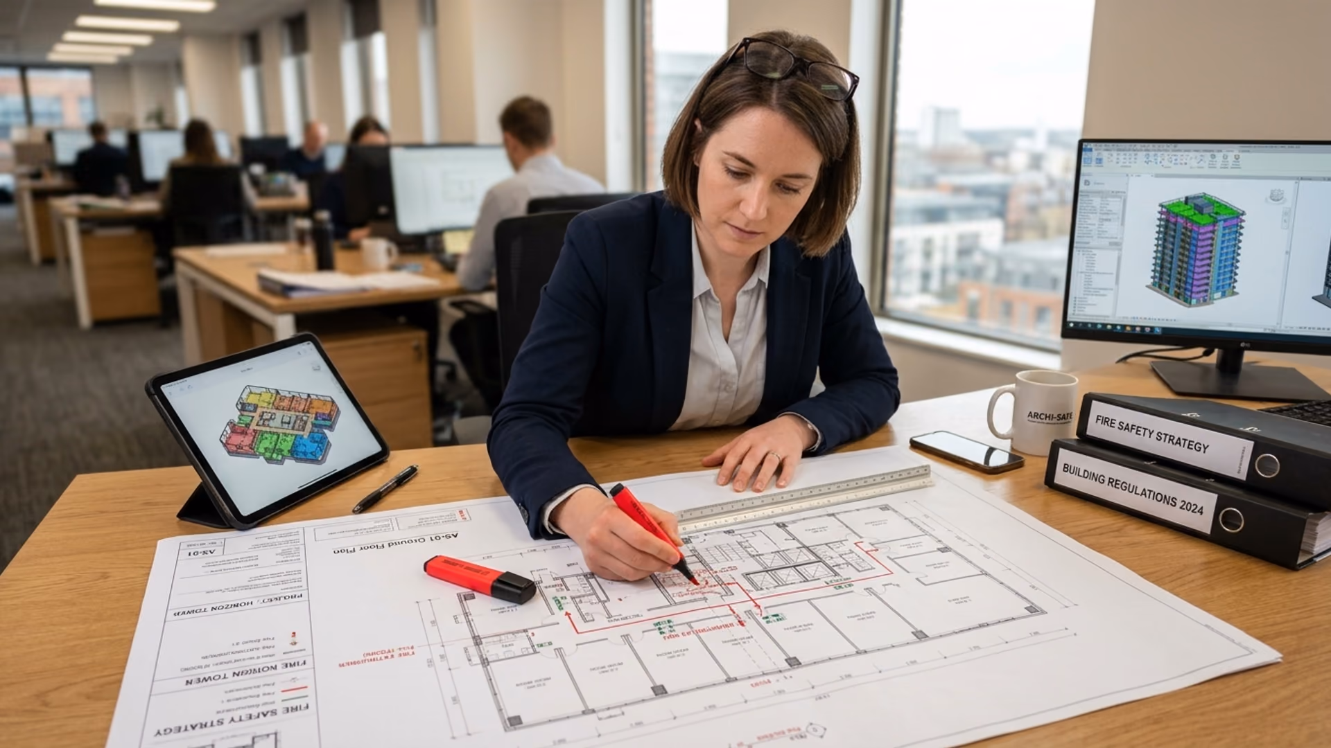 Ingénieure en bureau d'études analysant des plans d'évacuation et notices de sécurité IGH et ERP