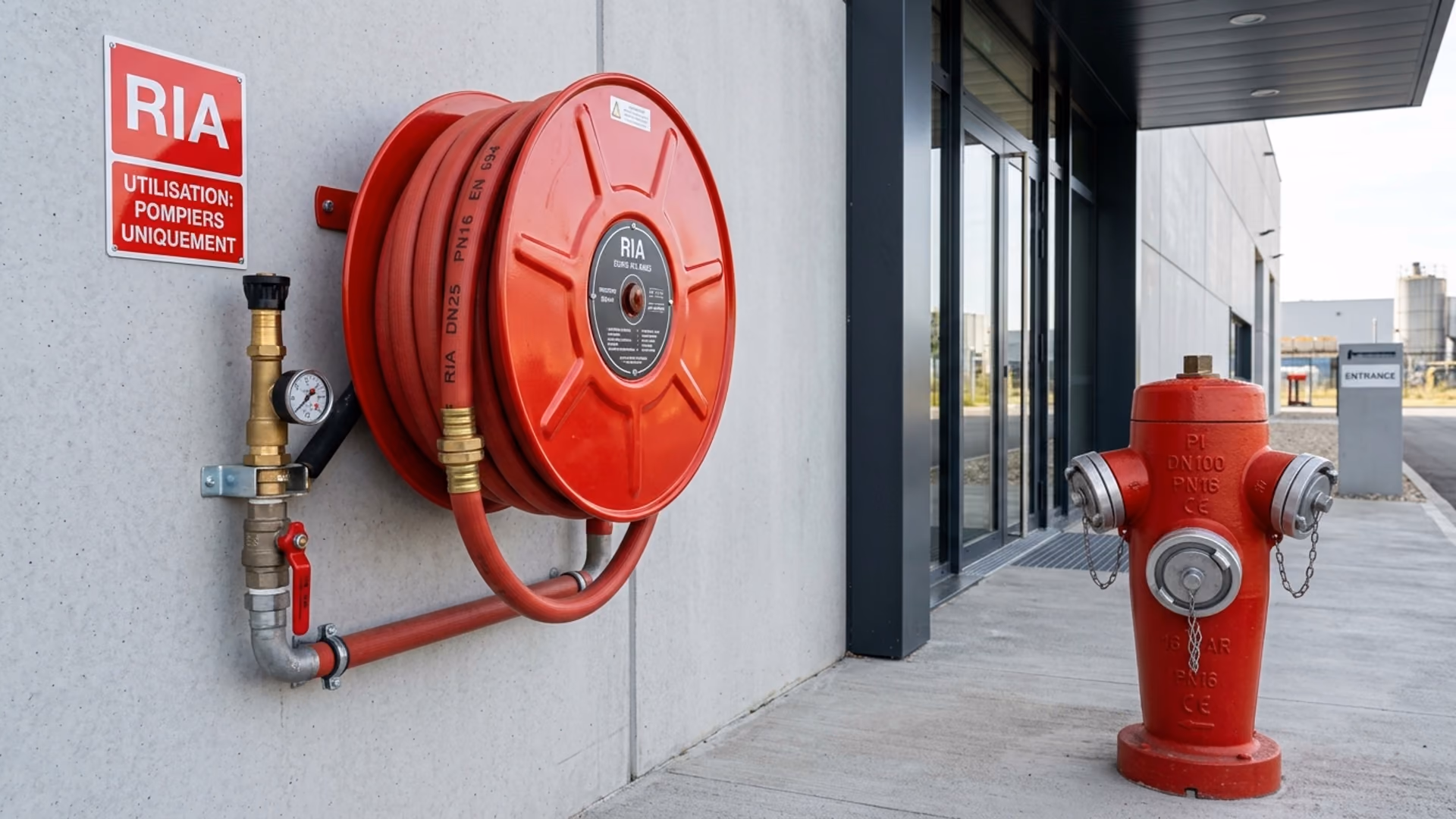 Robinet d'incendie armé RIA DN25 sous pression et poteau d'incendie DN100 20 bars