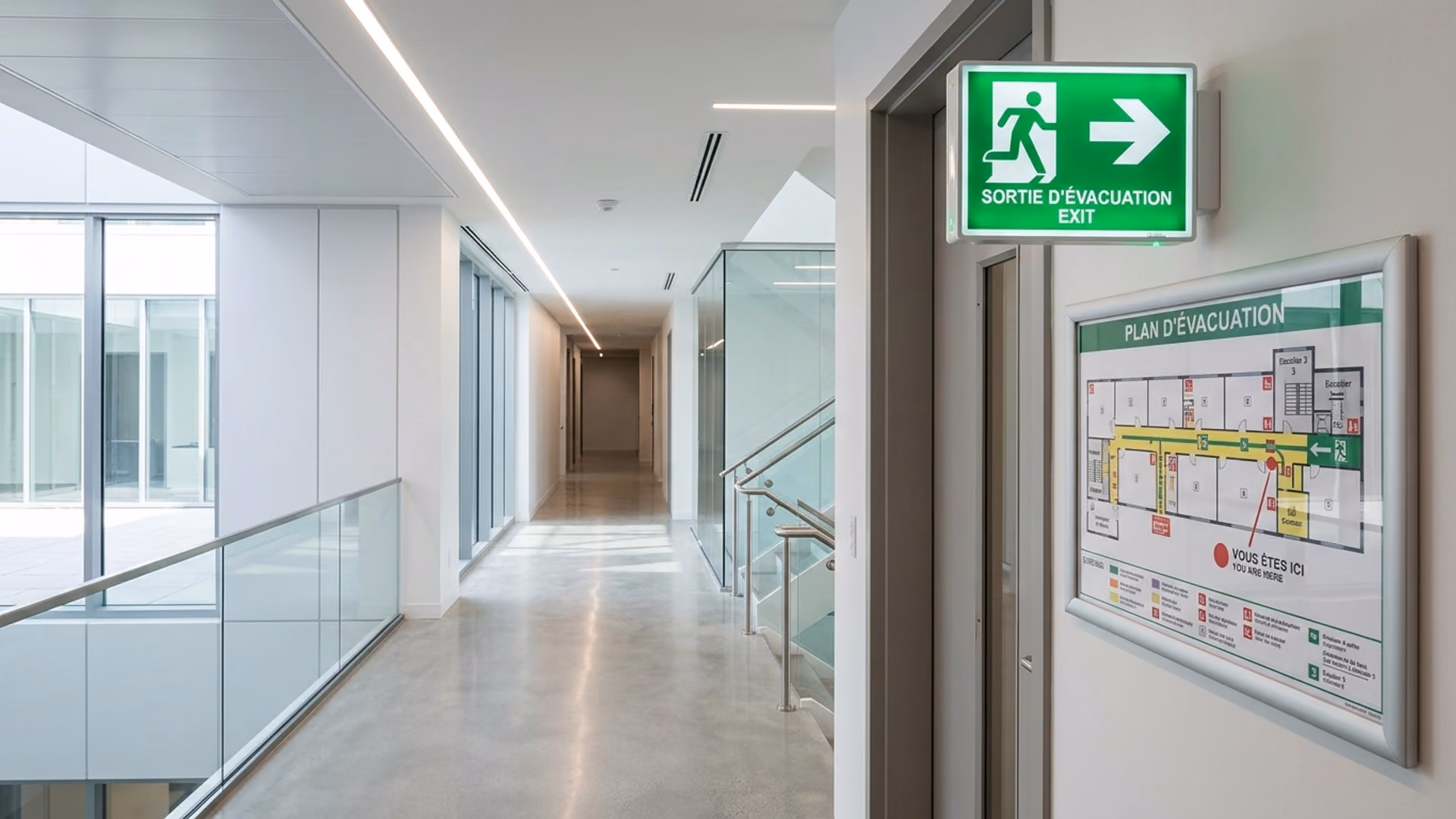Signalisation de sortie de secours rétroéclairée et plan d'évacuation normalisé dans un couloir moderne